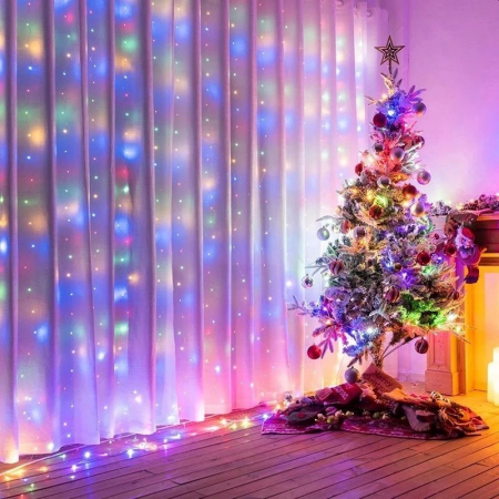 * LICHIDARE STOC * Instalatie Craciun, Tip Perdea, 1 m x 1 m, 60 LED-uri, Multicolor, Controler, 8 jocuri de lumini, Interconectabila, Fir transparent, Interior/ Exterior, Yoto - [4]