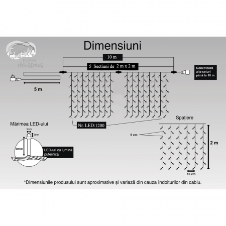 Instalatie Craciun, Tip Perdea, IP44, 10 m x 2 m, 1200 LED-uri, Alb rece, cu flash, Transformator cu telecomanda, Interconectabila, Prelungitor 5 m inclus, Fir transparent, Interior/ Exterior, Flippy [10]
