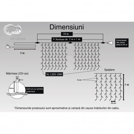 Instalatie Craciun, Tip Perdea, IP44, 18 m x 1 m, 1080 LED-uri, Albastru, 8 jocuri de lumini, Transformator, Interconectabila, Prelungitor 3 m inclus, Fir transparent, Interior/ Exterior, Flippy [10]