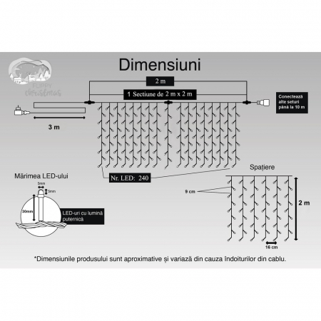 Instalatie Craciun, Tip Perdea, IP44, 2 m x 2 m, 240 LED-uri, Alb rece, cu flash, Transformator cu telecomanda, Interconectabila, Prelungitor 3 m inclus, Fir transparent, Interior/ Exterior, Flippy [10]