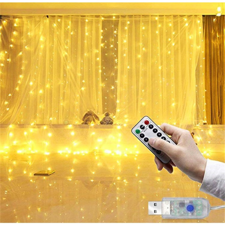 Instalatii perdea - Instalatie Craciun, Tip Perdea IP44, 3m x 1m, 100 Led-uri, Alb cald, USB si telecomanda cu 8 functii, Flippy