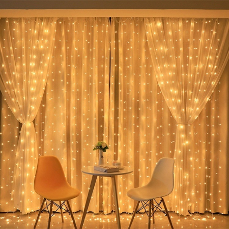 Decoratiuni, ornamente si articole Craciun - Instalatie Craciun, Tip Perdea, IP44, 4 m x 2 m, 480 LED-uri, Alb cald, 8 jocuri de lumini, 31V, IP44, Ghirlanda luminoasa, Interconectabila, Prelungitor 3 m inclus, Fir transparent, Interior/ Exterio