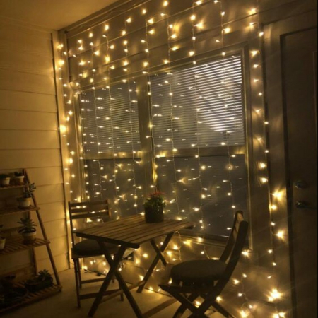 Instalatie Craciun, Tip Perdea, IP44, 8 m x 1 m, 480 LED-uri, Alb cald, 8 jocuri de lumini, Transformator cu telecomanda, Interconectabila, Prelungitor 5 m inclus, Fir transparent, Interior/ Exterior, [3]