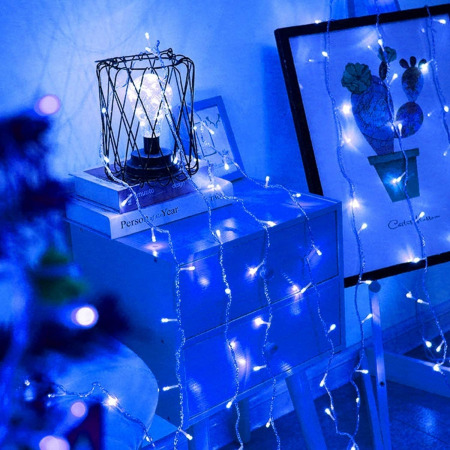 Decoratiuni, ornamente si articole Craciun - Instalatie Craciun, Tip Perdea, IP44, 8 m x 1 m, 480 LED-uri, Albastru, cu flash, Transformator cu telecomanda, Interconectabila, Prelungitor 3 m inclus, Fir transparent, Interior/ Exterior, Flippy