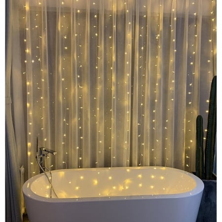 Instalatie Craciun, Tip Perdea, IP44, 8 m x 2 m, 960 LED-uri, Alb cald, 8 jocuri de lumini, Transformator cu telecomanda, Interconectabila, Prelungitor 5 m inclus, Fir transparent, Interior/ Exterior, [8]