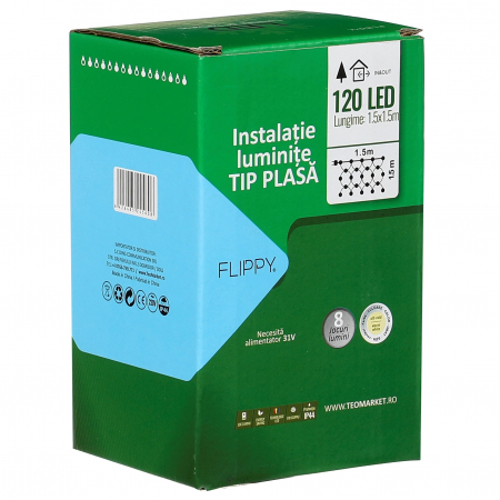 Instalatie Craciun tip plasa, cu transformator 31V, 1.5 m x 1.5 m, Alb Cald, 120 LED-uri V5, 8 jocuri de lumini, fir verde, Flippy [1]
