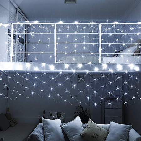 Instalatie Craciun, Tip Plasa, IP 44, 9 x 1 m, 400 LED-uri, Alb rece, 8 jocuri de lumini, Transformator fara telecomanda, Interconectabila, Prelungitor 5 m inclus, Fir transparent, Flippy [1]