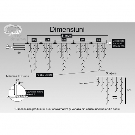 Instalatie Craciun Turturi, IP44, 21 m, 621 Led-uri ,Perdea Franjurata, Alb rece, 8 jocuri de lumini, Transformator 31 V, Putere 9 W, Interconectabila, Interior/Exterior, Prelungitor 5 m inclus, Fir T [3]