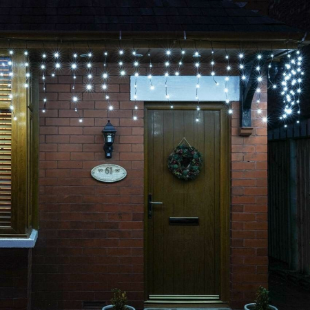 Instalatie Craciun Turturi, IP44, 5 m, 143 Led-uri ,Perdea Franjurata, Alb rece, 8 jocuri de lumini, Transformator 31 V, Putere 9 W, Interconectabila, Interior/Exterior, Prelungitor 3 m inclus, Fir Al [8]