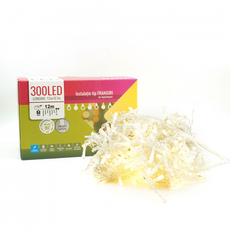 Lichidare Instalatie Craciun Yoto, Tip Franjuri/Turturi, 12 m, 300 LED-uri, Prelungitor 1.5 m, 8 Jocuri de Lumini, Interconectabila, Conectare la Retea, Fir transparent, Interior/Exterior, Alb Cald [1]