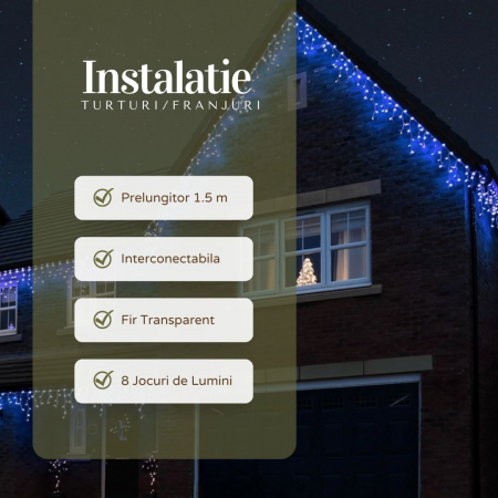 Instalatie Craciun Yoto, Tip Franjuri/Turturi, 7 m, 200 LED-uri, Prelungitor 1.5 m, 8 Jocuri de Lumini, Interconectabila, Conectare la Retea, Fir transparent, Interior/Exterior, Albastru [3]