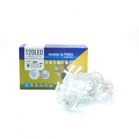 Instalatie Craciun Yoto, Tip Perdea, 2 m x 1 m, 120 LED-uri, Prelungitor 1.5 m, 8 Jocuri de Lumini, Interconectabila, Fir transparent, Interior/Exterior, Alb Rece [6]