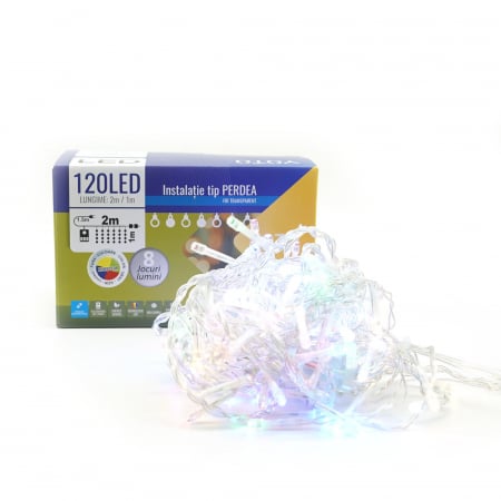 Lichidare Instalatie Craciun Yoto, Tip Perdea, 2 m x 1 m, 120 LED-uri, Prelungitor 1.5 m, 8 Jocuri de Lumini, Interconectabila, Fir transparent, Interior/Exterior, Multicolor [6]