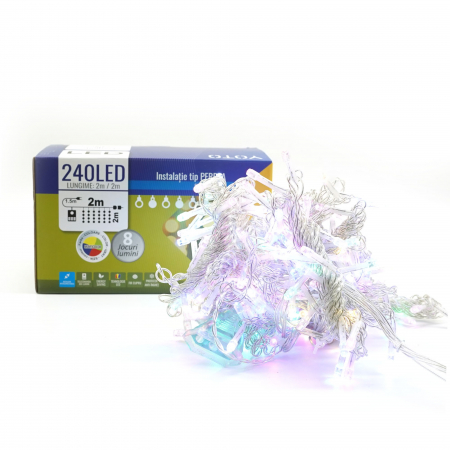 Instalatie Craciun Yoto, Tip Perdea, 2 m x 2 m, 240 LED-uri, Prelungitor 1.5 m, 8 Jocuri de Lumini, Interconectabila, Fir transparent, Interior/Exterior, Multicolor [5]