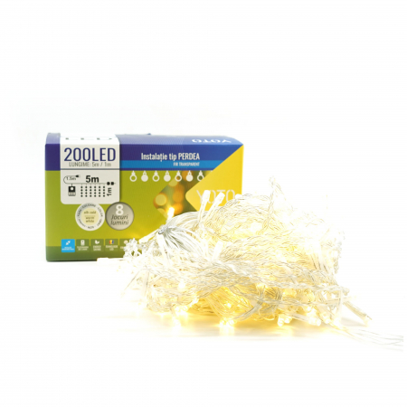 Lichidare de stoc Instalatie Craciun Yoto, Tip Perdea, 5 m x 1 m, 200 LED-uri, Prelungitor 1.5 m, 8 Jocuri de Lumini, Interconectabila, Fir transparent, Interior/Exterior, Alb Cald [5]