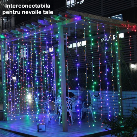 Instalatie Craciun Yoto, Tip Perdea, 5 m x 1 m, 200 LED-uri, Prelungitor 1.5 m, 8 Jocuri de Lumini, Interconectabila, Fir transparent, Interior/Exterior, Multicolor [2]