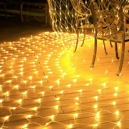 Decoratiuni, ornamente si articole Craciun - Instalatie Craciun Yoto, Tip Plasa, 1.2 m x 1.2 m, 80 LED-uri, Prelungitor 1.5 m, 8 Jocuri de Lumini, Interconectabila, Fir transparent, Interior/Exterior, Alb Cald