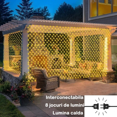 Instalatie Craciun Yoto, Tip Plasa, 1.5 m x 1.5 m, 120 LED-uri, Prelungitor 1.5 m, 8 Jocuri de Lumini, Interconectabila, Fir transparent, Interior/Exterior, Alb Cald [2]