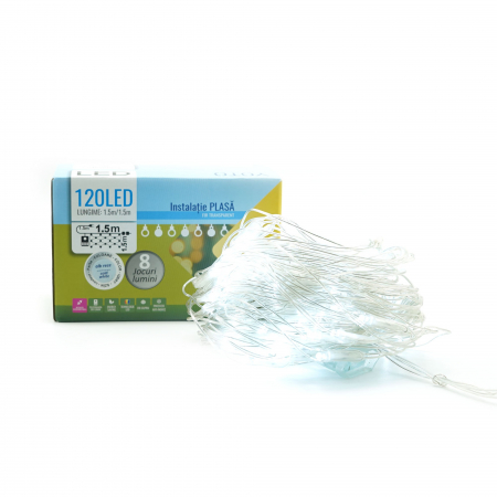 Instalatie Craciun Yoto, Tip Plasa, 1.5 m x 1.5 m, 120 LED-uri, Prelungitor 1.5 m, 8 Jocuri de Lumini, Interconectabila, Fir transparent, Interior/Exterior, Alb Rece [6]