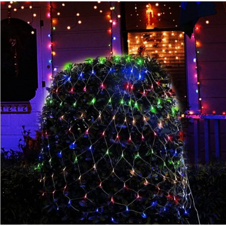 Decoratiuni, ornamente si articole Craciun - Instalatie Craciun Yoto, Tip Plasa, 1.5 m x 1.5 m, 120 LED-uri, Prelungitor 1.5 m, 8 Jocuri de Lumini, Interconectabila, Fir transparent, Interior/Exterior, Multicolor