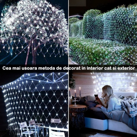 Instalatie Craciun Yoto, Tip Plasa, 2 m x 2 m, 160 LED-uri, Prelungitor 1.5 m, 8 Jocuri de Lumini, Interconectabila, Fir transparent, Interior/Exterior, Alb Rece [2]