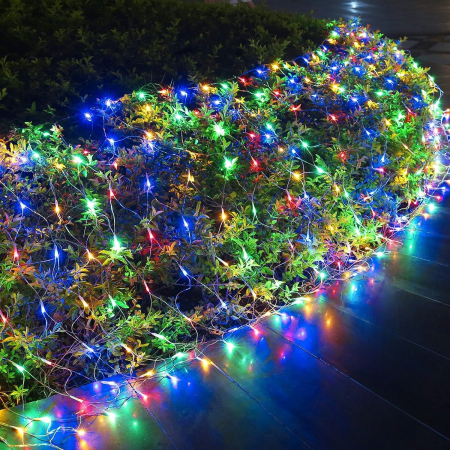 Decoratiuni, ornamente si articole Craciun - Instalatie Craciun Yoto, Tip Plasa, 2 m x 2 m, 160 LED-uri, Prelungitor 1.5 m, 8 Jocuri de Lumini, Interconectabila, Fir transparent, Interior/Exterior, Multicolor