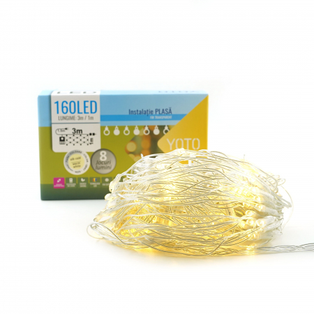 * LICHIDARE STOC * Instalatie Craciun Yoto, Tip Plasa, 3 m x 1 m, 160 LED-uri, Prelungitor 1.5 m, 8 Jocuri de Lumini, Interconectabila, Fir transparent, Interior/Exterior, Alb Cald - [5]
