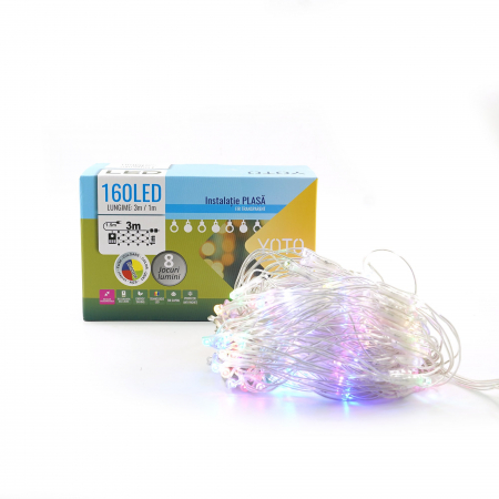 Instalatie Craciun Yoto, Tip Plasa, 3 m x 1 m, 160 LED-uri, Prelungitor 1.5 m, 8 Jocuri de Lumini, Interconectabila, Fir transparent, Interior/Exterior, Multicolor [6]