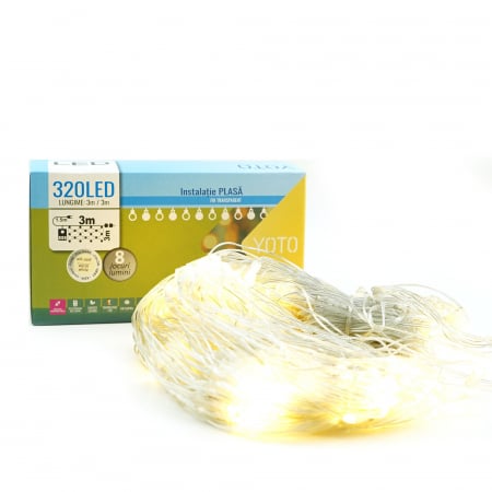 Lichidare Instalatie Craciun Yoto, Tip Plasa, 3 m x 3 m, 320 LED-uri, Prelungitor 1.5 m, 8 Jocuri de Lumini, Interconectabila, Fir transparent, Interior/Exterior, Alb Cald [4]