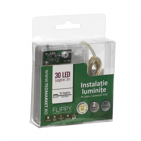 Instalatii cu baterii - Instalatie de Craciun cu Baterii Tip Liniar, 2 jocuri de lumini, Fir Cupru 3 m 30 LED -uri, Alb Cald