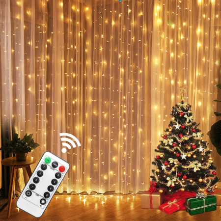 Pentru Casa si Camping - Instalatie de Craciun, Flippy, Instalatie de Tip Perdea IP44, Alimentare prin Port USB si Telecomanda cu 8 functii, 6m x 3m, 600 LED, Alb Rece