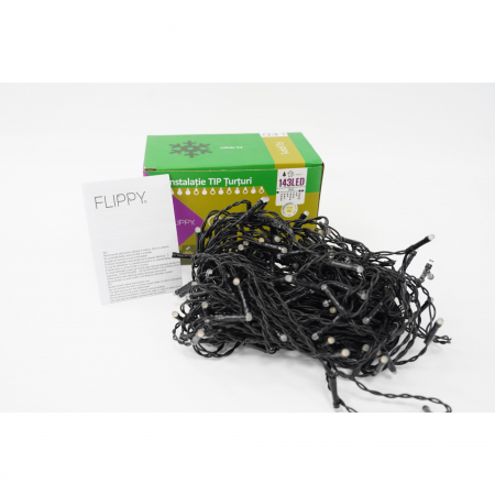 Instalatie de Craciun Flippy® Tip Franjuri cu Flash, Sectiune 5 m, 143 LED-uri, Interconectabila, Fir Negru, Alb Cald [1]