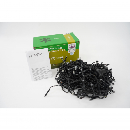 Decoratiuni, ornamente si articole Craciun - Instalatie de Craciun Flippy® Tip Franjuri cu Flash, Sectiune 5 m, 143 LED-uri, Interconectabila, Fir Negru, Alb Rece