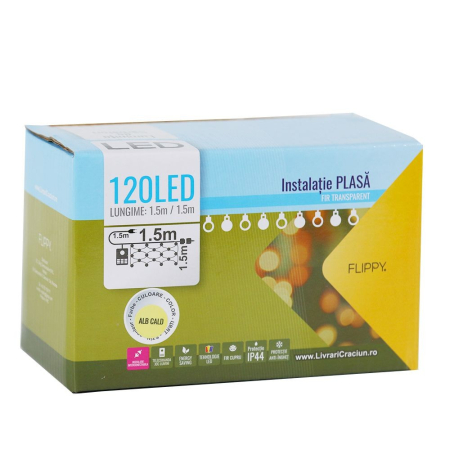 Instalatie de Craciun, Flippy®, Tip Plasa, 1.5 x 1.5 m, 120 LED-uri, Interconectabila, Alb Cald [4]