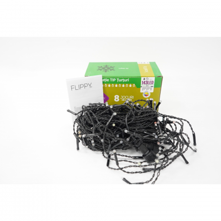 Instalatii turturi-franjuri - Instalatie de Craciun Flippy® Tip Turturi, 8 jocuri de lumini Sectiune 5 m, 143 LED-uri, Interconectabila, Fir Negru, Multicolor