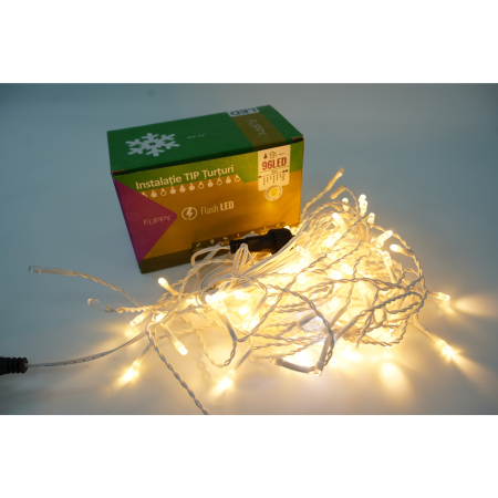 Instalatii turturi-franjuri - Instalatie de Craciun Flippy® Tip Turturi, Franjuri cu Flash, Sectiune 3 m, 96 LED-uri, Interconectabila, Fir Alb, Alb Cald, Atentie ! Necesita Alimentator 31 V, Cod:11419