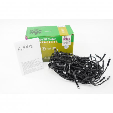 Instalatii turturi-franjuri - Instalatie de Craciun Flippy® Tip Turturi, Franjuri cu Flash, Sectiune 3 m, 96 LED-uri, Interconectabila, Fir Negru, Alb Rece