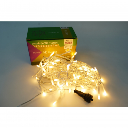 Instalatii turturi-franjuri - Instalatie de Craciun Flippy® Tip Turturi, Franjuri cu Flash, Sectiune 3 m, 96 LED-uri, Interconectabila, Fir Transparent, Alb Cald