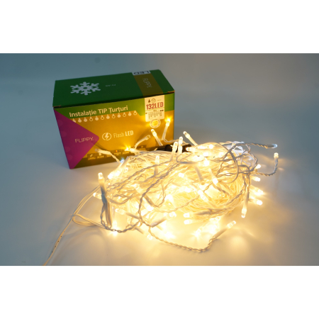 Instalatii turturi-franjuri - Instalatie de Craciun Flippy® Tip Turturi, Franjuri cu Flash, Sectiune 4 m, 132 LED-uri, Interconectabila, Fir Alb, Alb Cald