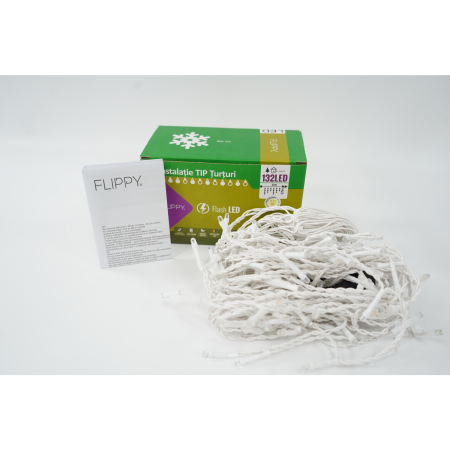 Instalatie de Craciun Flippy® Tip Turturi, Franjuri cu Flash, Sectiune 4 m, 132 LED-uri, Interconectabila, Fir Alb, Alb Cald [1]