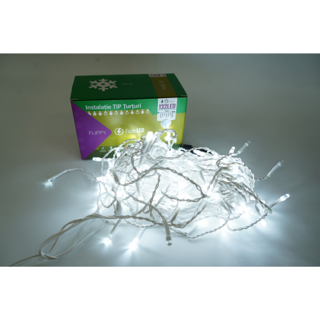 Instalatii turturi-franjuri - Instalatie de Craciun Flippy® Tip Turturi, Franjuri cu Flash, Sectiune 4 m, 132 LED-uri, Interconectabila, Fir Alb, Alb Rece