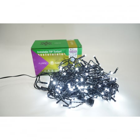Instalatii turturi-franjuri - Instalatie de Craciun Flippy® Tip Turturi, Franjuri cu Flash, Sectiune 4 m, 132 LED-uri, Interconectabila, Fir Negru, Alb Rece