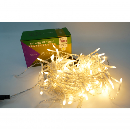 Decoratiuni, ornamente si articole Craciun - Instalatie de Craciun Flippy® Tip Turturi, Franjuri cu Flash, Sectiune 4 m, 132 LED-uri, Interconectabila, Fir Transparent, Alb Cald