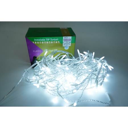 Decoratiuni, ornamente si articole Craciun - Instalatie de Craciun Flippy® Tip Turturi, Franjuri cu Flash, Sectiune 4 m, 132 LED-uri, Interconectabila, Fir Transparent, Alb Rece