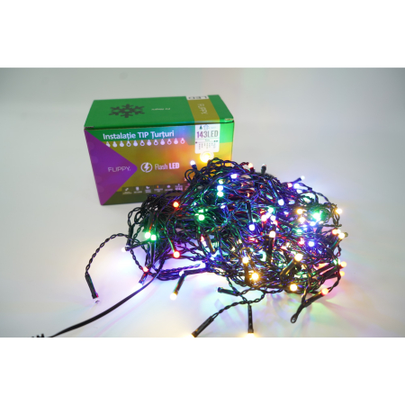 Decoratiuni, ornamente si articole Craciun - Instalatie de Craciun Flippy® Tip Turturi, Franjuri cu Flash, Sectiune 5 m, 143 LED-uri, Interconectabila, Fir Negru, Multicolor