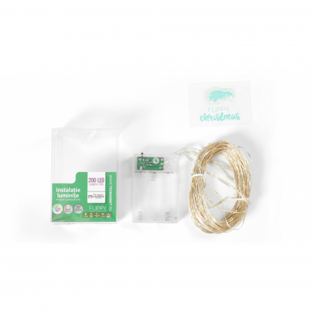 Instalatie de Craciun, Liniara, 20 m, Baterii, 200 LED-uri, Multicolor, 2 Jocuri de Lumini, Fir Cupru, Interior/Exterior, Flippy [6]