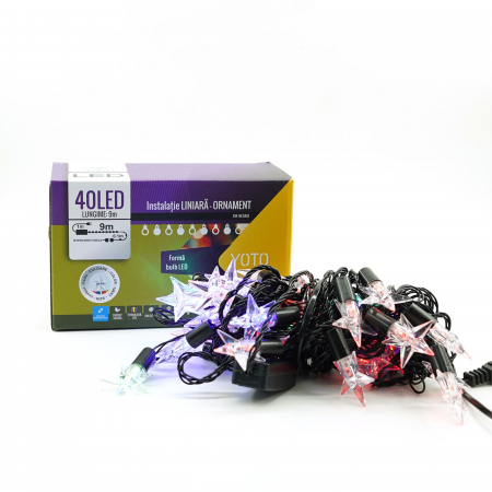 Instalatie de Craciun Liniara RGRB Yoto, 10 m, din care 1 m Prelungitor 220V, 40 LED, Model Stelute, Utilizare Interior/Exterior, Interconectabila, Fir Negru, multicolor [6]