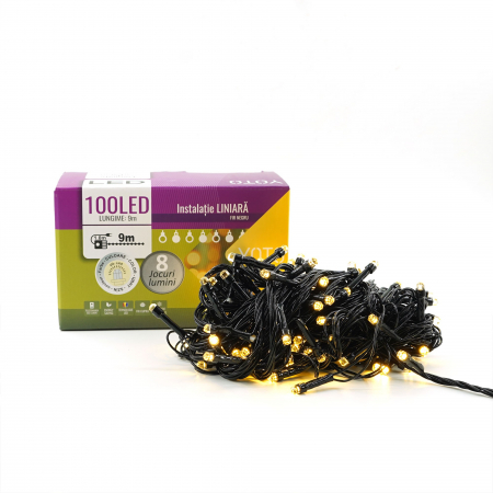 Instalatie de Craciun liniara Yoto, 10 m, din care 1 m cablu priza 220V, 100 LED, 8 jocuri de lumini, beculet in 6 colturi, pentru interior, controler, fir negru, alb cald [6]