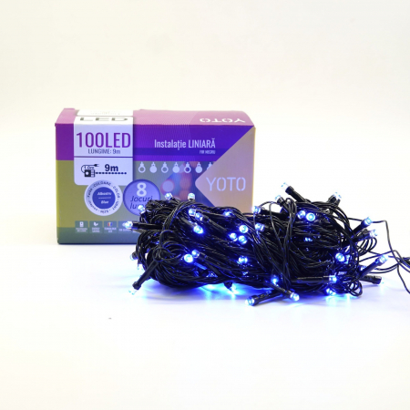 Instalatie de Craciun liniara Yoto, 10 m, din care 1 m cablu priza 220V, 100 LED, 8 jocuri de lumini, controler, fir negru, albastru [1]