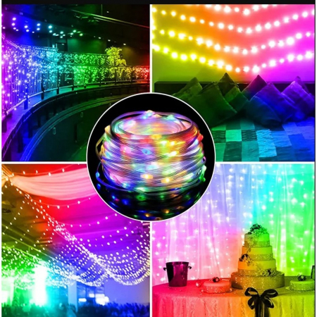 Instalatie de Craciun Yoto, liniara, cu 100 micro LED-uri, 10 m, 220V, conectare la retea, cu 8 jocuri de lumini, interior/exterior, fir transparent, multicolora [1]